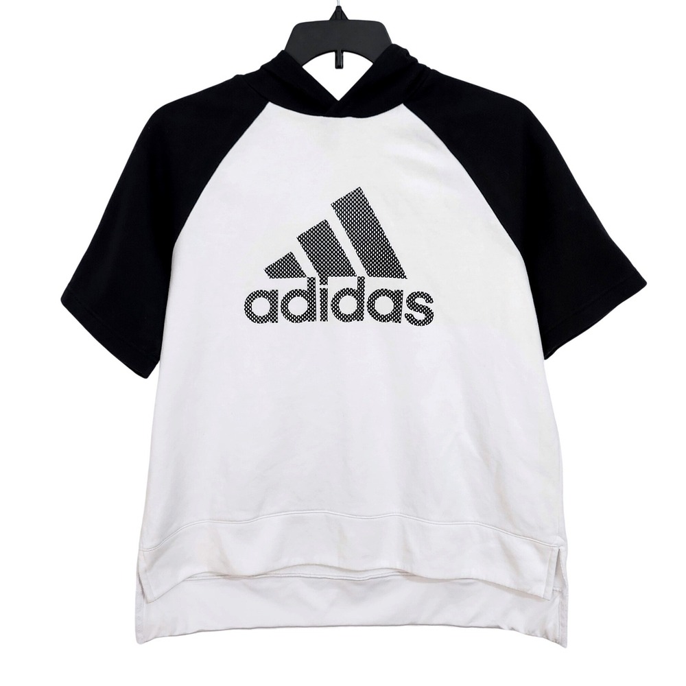 Adidas Athletic Fashion Short Sleeve Hooded Sweatshirt‎ Womens Large White Black